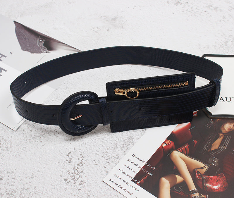 Leather Waist Belt with fashion stitching and zipper design