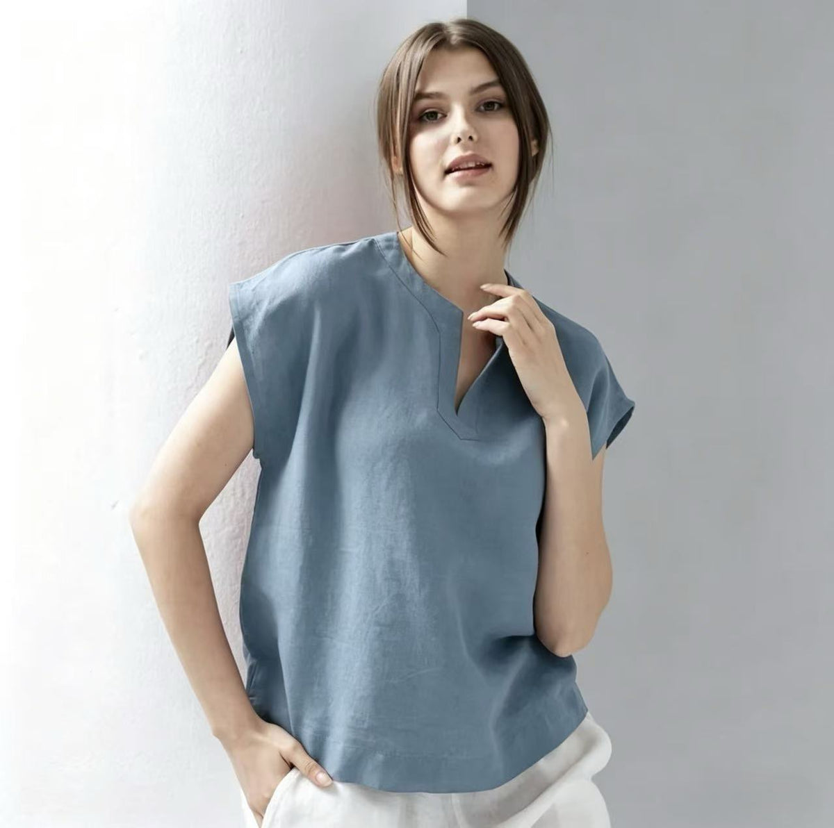 Casual V-neck Linen Short-sleeve Top