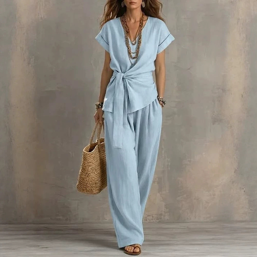 Women's V-neck Pullover Short-Sleeve Pants Set