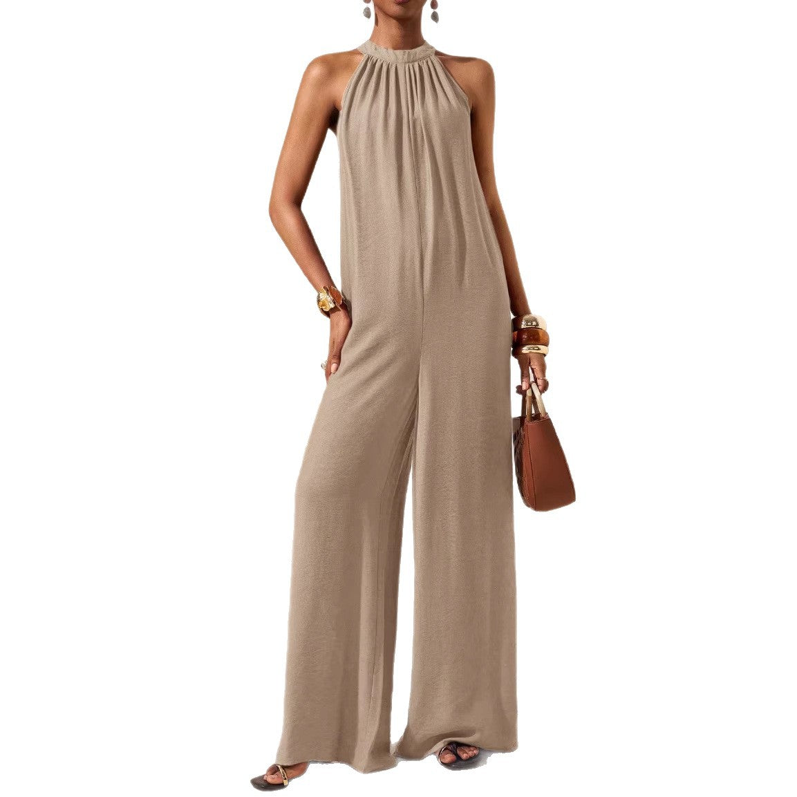 High-neck Halter Solid-color Wide-leg Jumpsuit