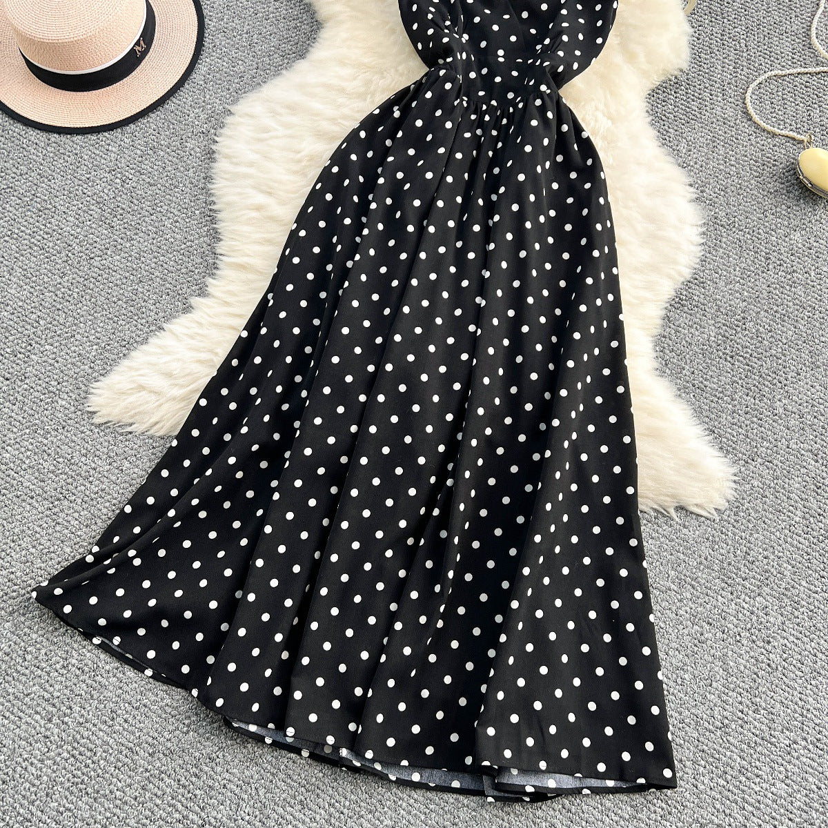 Womens French-style Polka-dot Halter-neck Dress