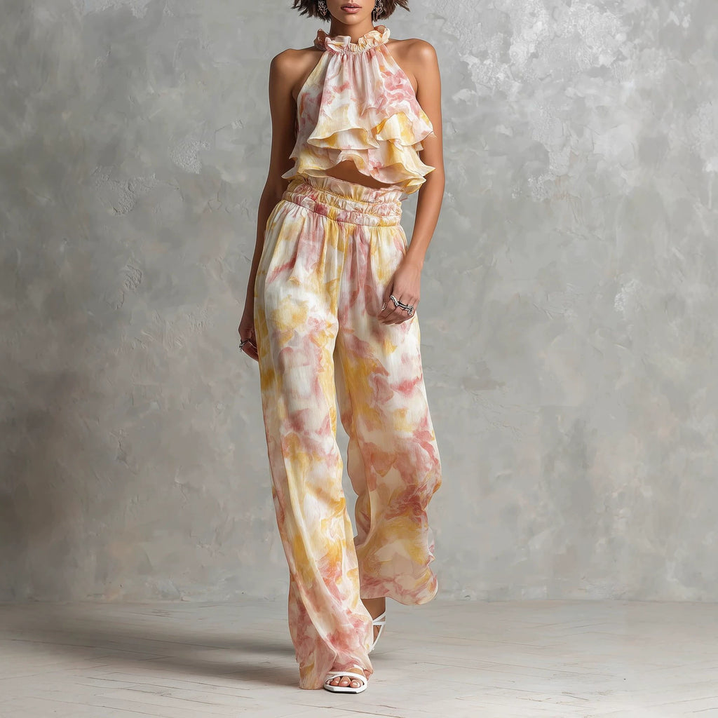 Neck-hanging Printed Top Pants Summer Set