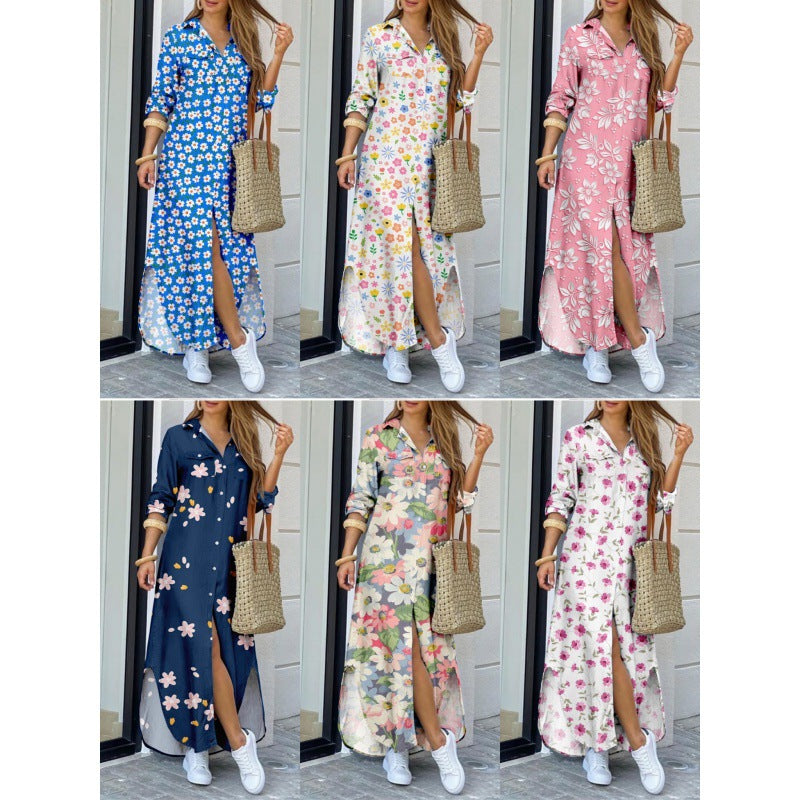 Lapel-collar Long Shirt Dress For Women