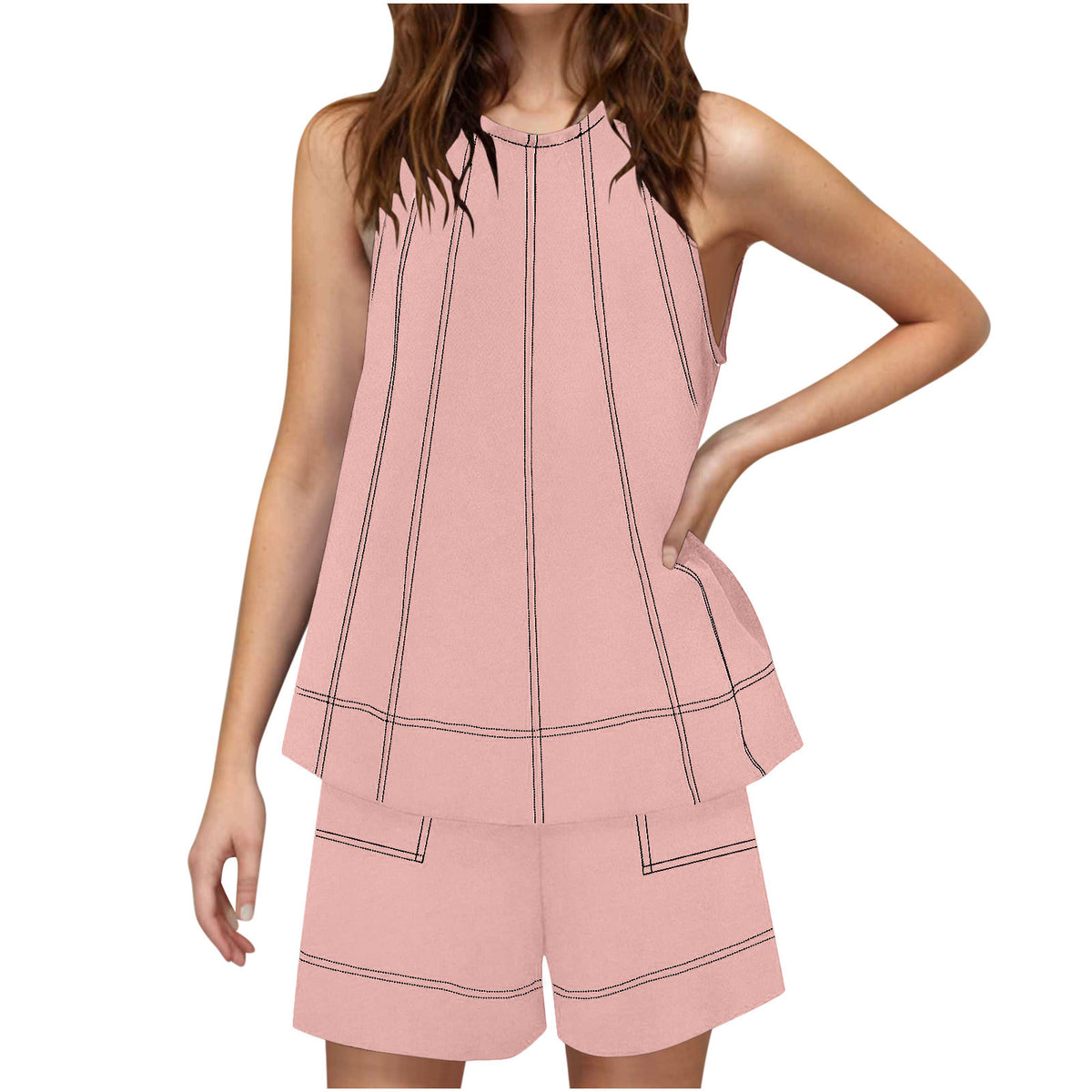 Casual Loose Pocketed Sleeveless Tank Top And Shorts Cotton-Linen Two-Piece Set
