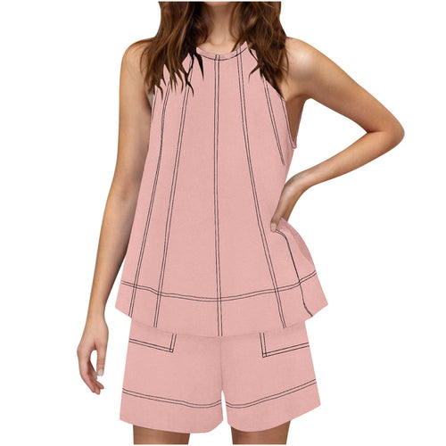 Casual Loose Pocketed Sleeveless Tank Top And Shorts Cotton-Linen Two-Piece Set