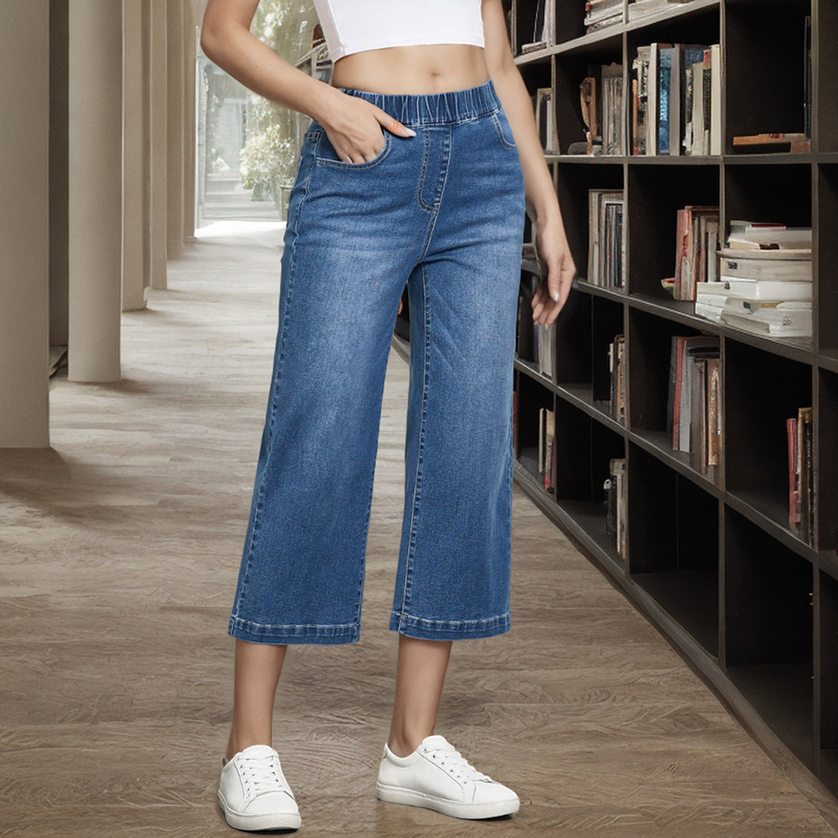 Fashionable Womens High-Waisted Straight-Leg Denim Pants