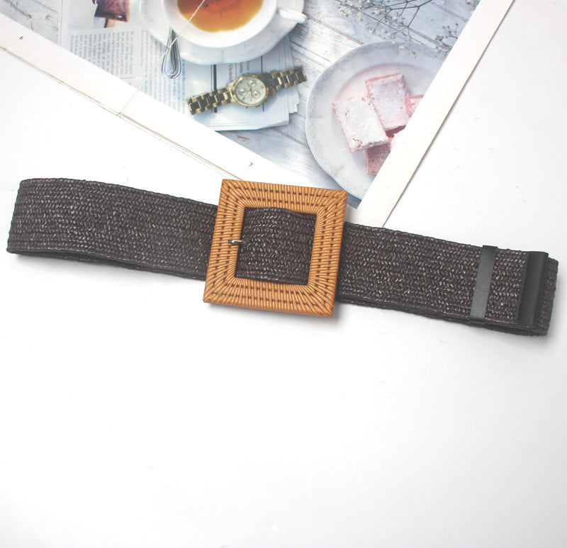 Women's Braided Wide Belt With Square Buckle