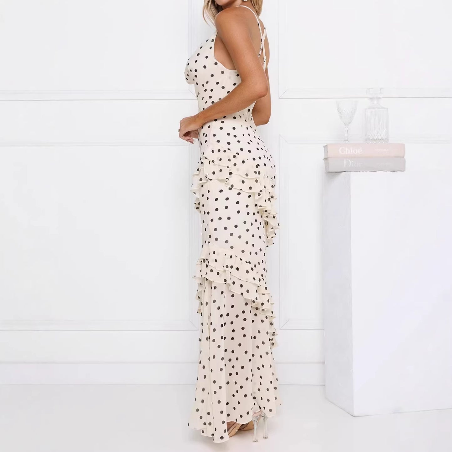 Waist-cinching Figure-flattering Sheer Dress With Ruffled Hem
