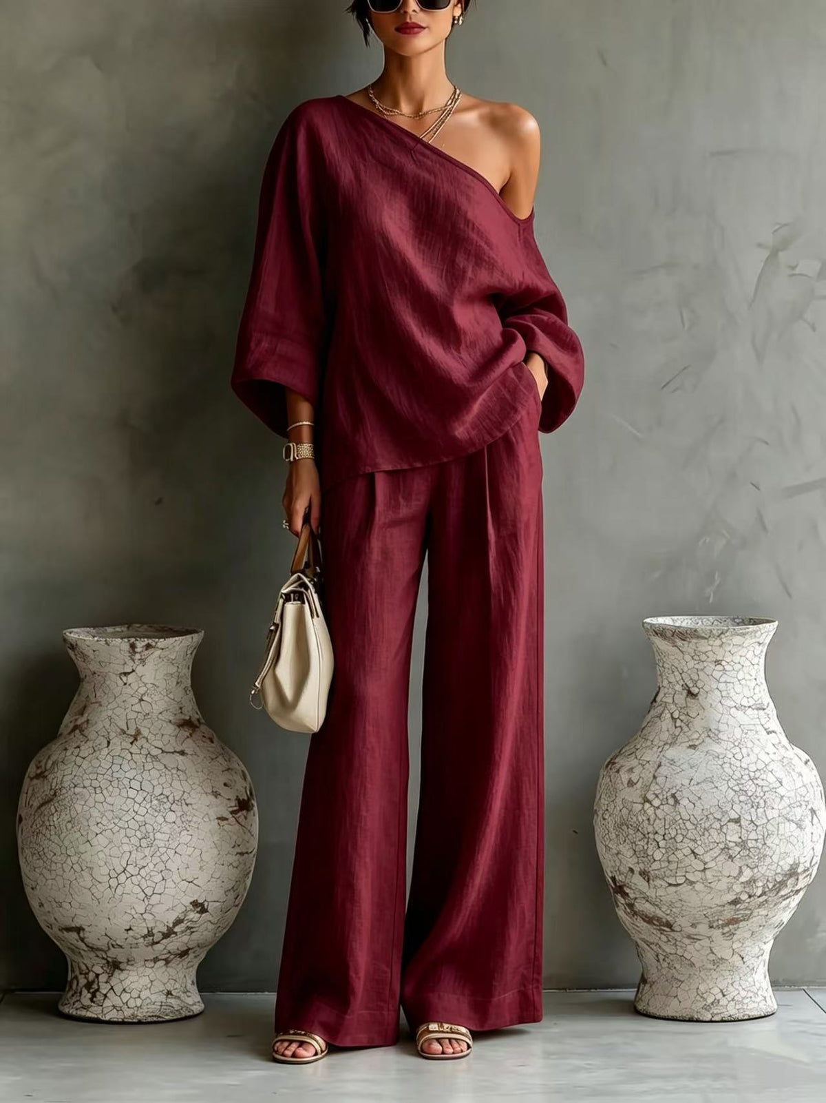 Elegant Off-shoulder Top And Loose Wide-leg Pants Set In A Relaxed, Laid-back Style