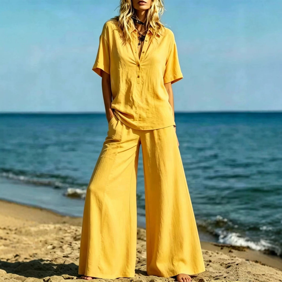 Button-down Shirt And Wide-leg Pants Two-piece Set For Women