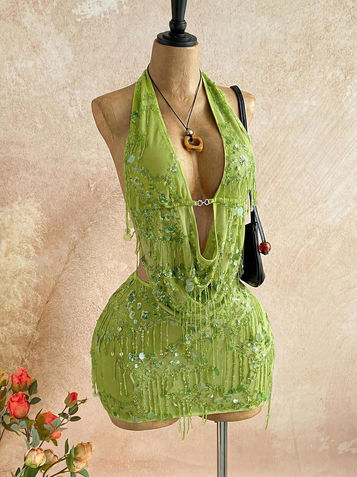 Sequin Tassel Halter Bodysuit And Cutout Figure-hugging Sheath Skirt