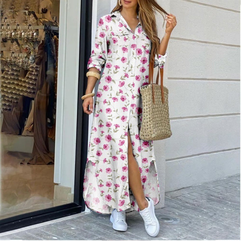 Lapel-collar Long Shirt Dress For Women