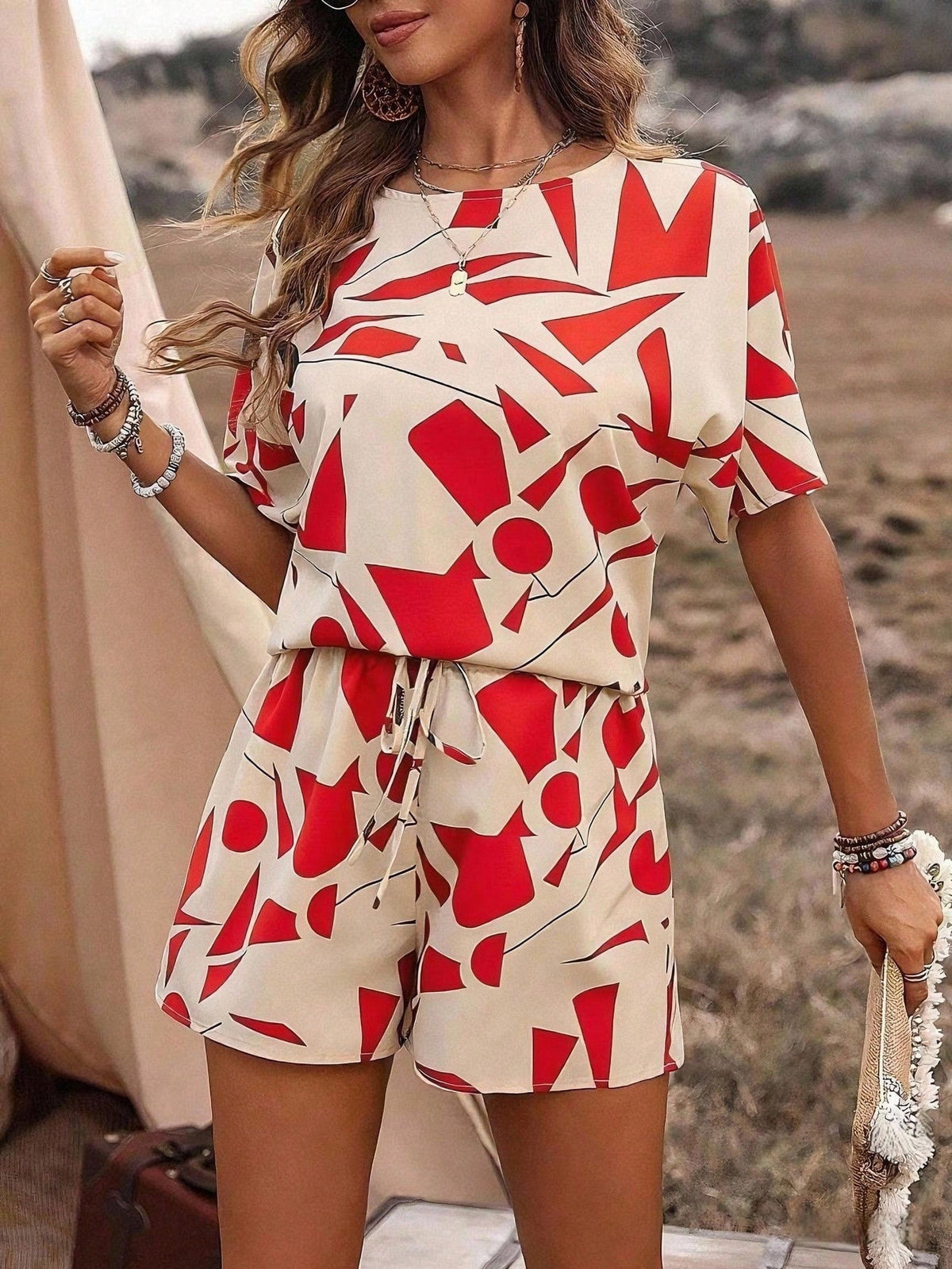 Casual Fashionable And Trendy Short-sleeve Crew-neck Top With Tie-dye Design And Matching Shorts Set