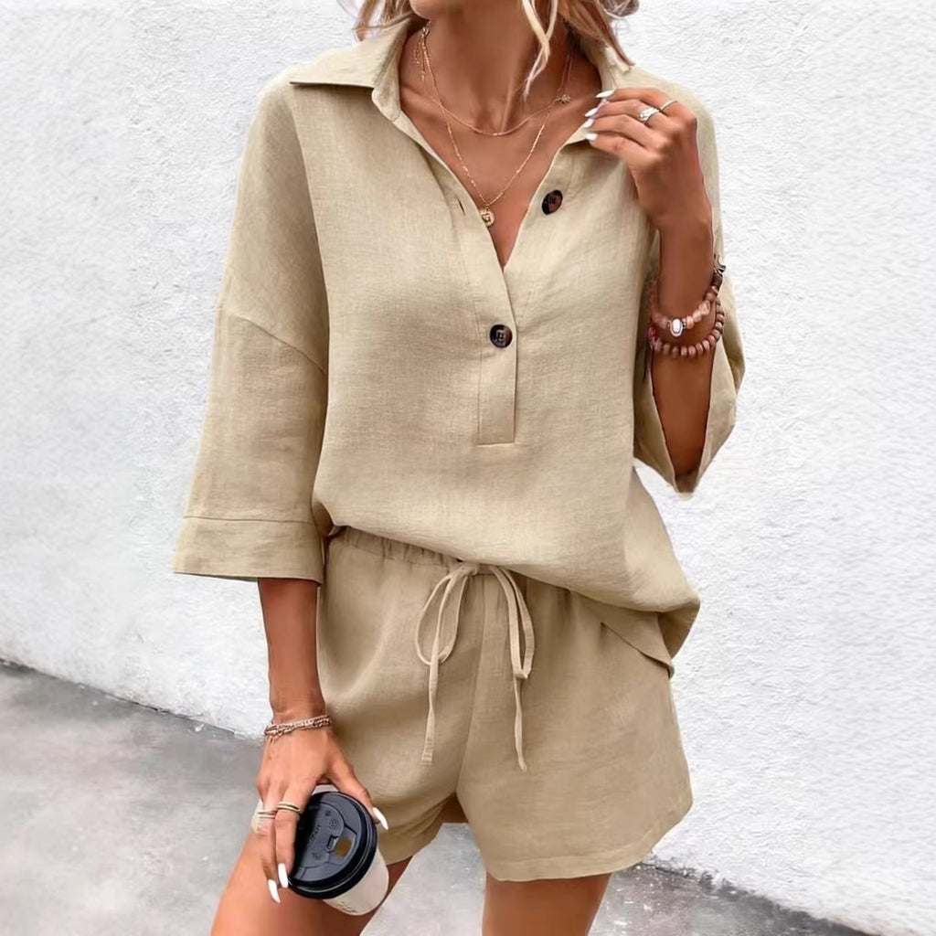Notch-lapel Short-sleeve Belted Shorts Casual Set