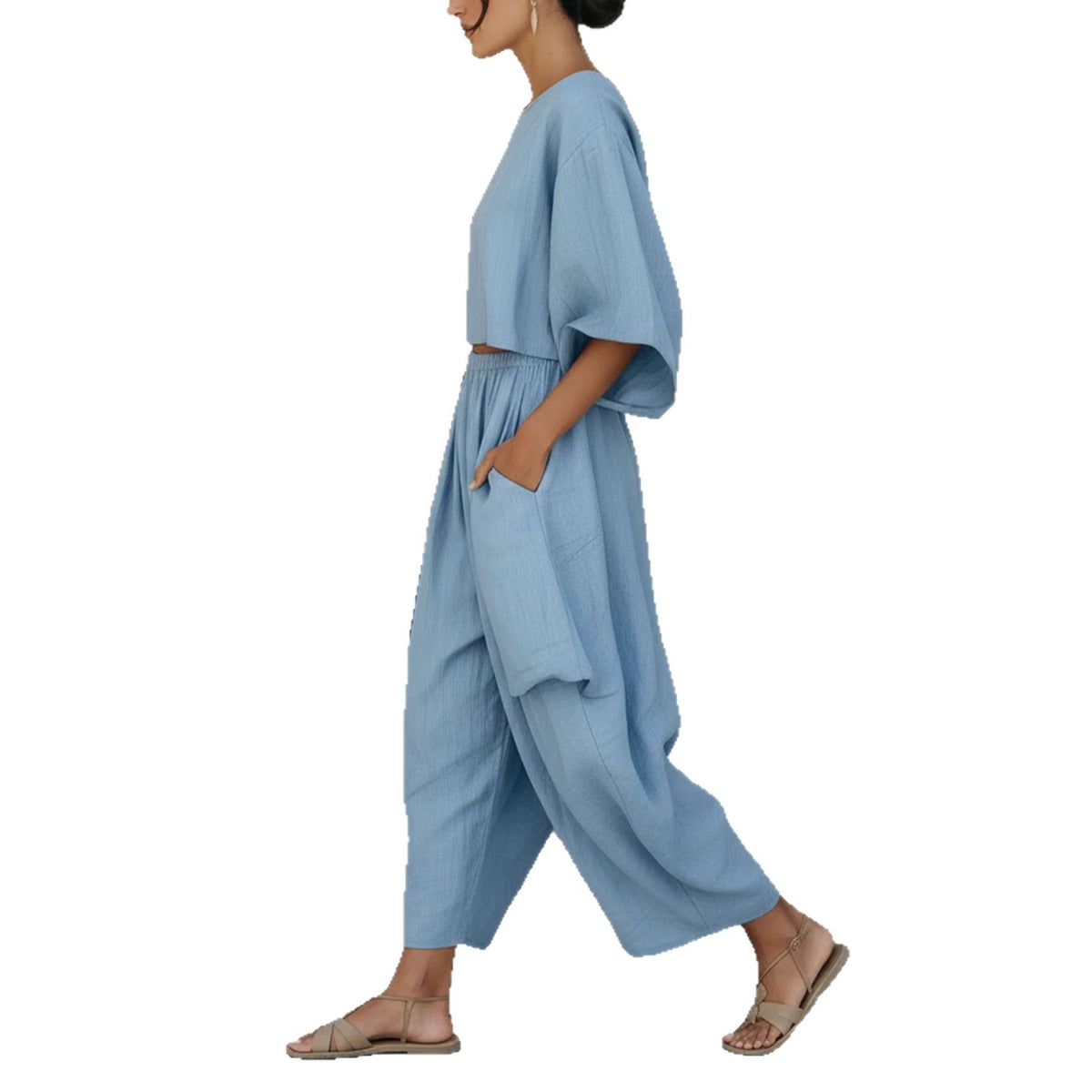 Elastic-waist Batwing-sleeve Casual Plus-size Set