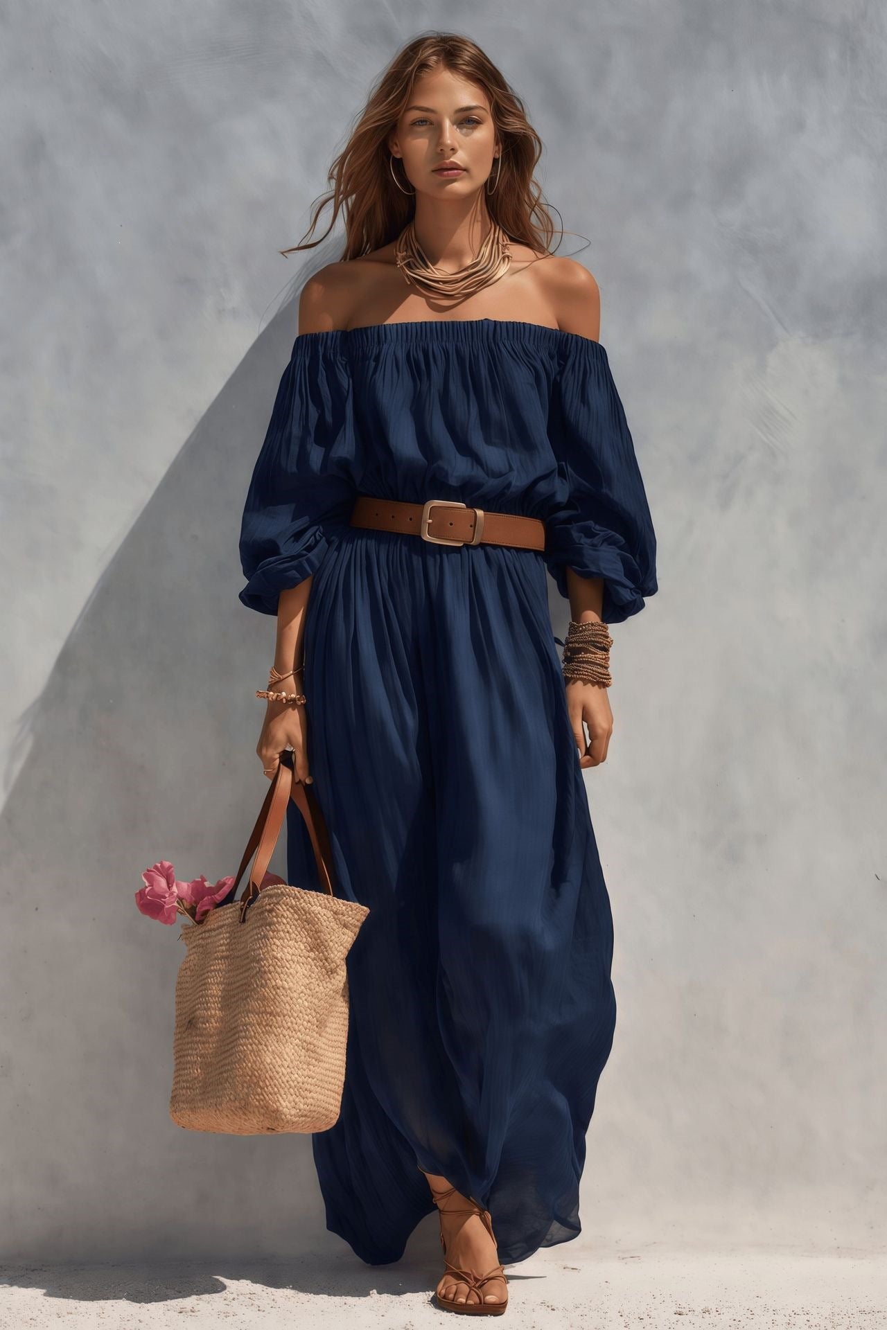 Womens Boat-Neck Sleeveless Casual Cotton-Linen Maxi Dress