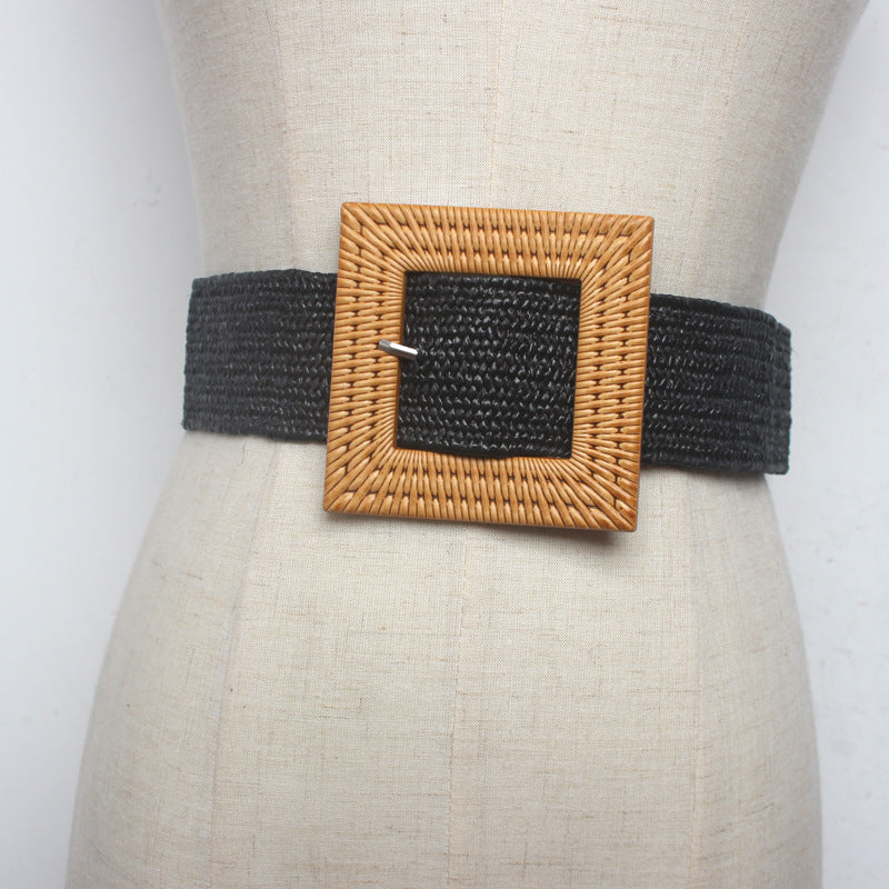 Women's Braided Wide Belt With Square Buckle