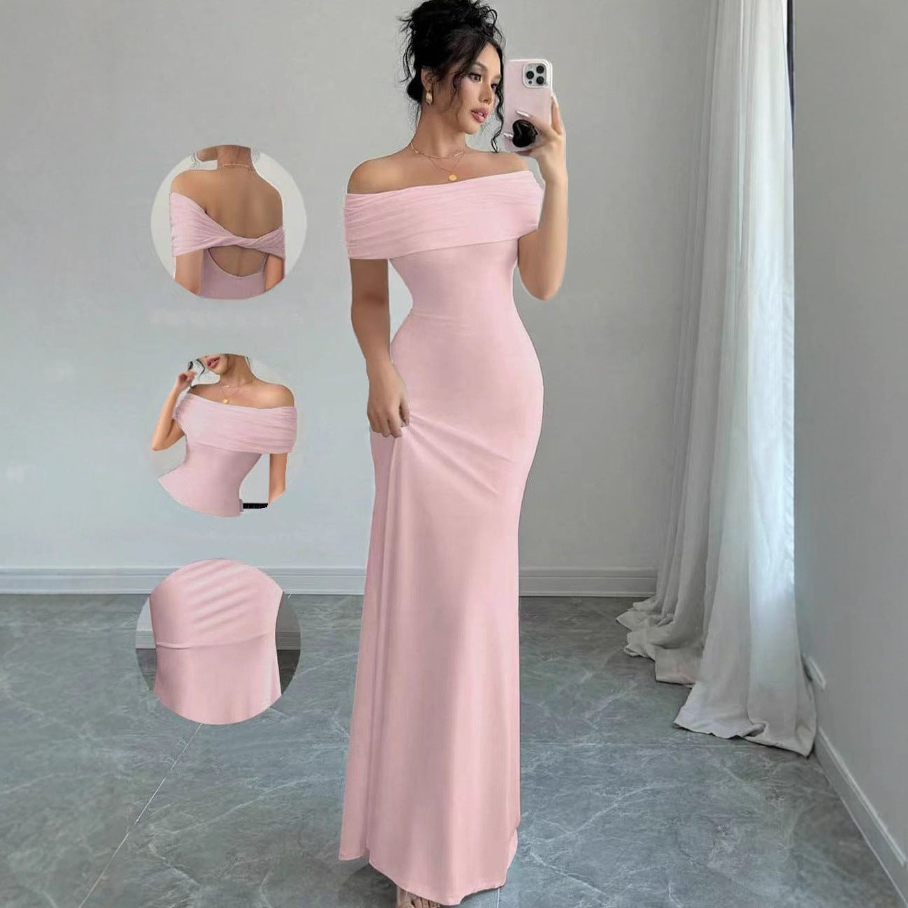 Womens Solid-Colored Sleeveless Off-Shoulder Fashionable Sheath Dress