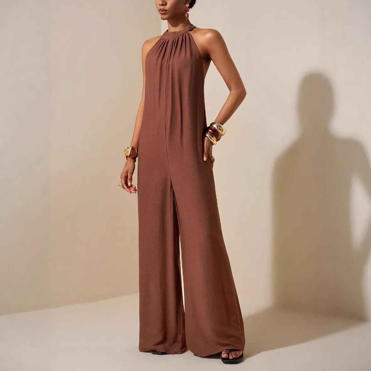 High-neck Halter Solid-color Wide-leg Jumpsuit