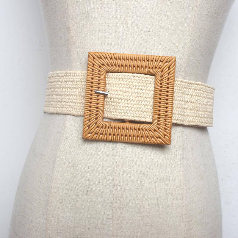 Women's Braided Wide Belt With Square Buckle