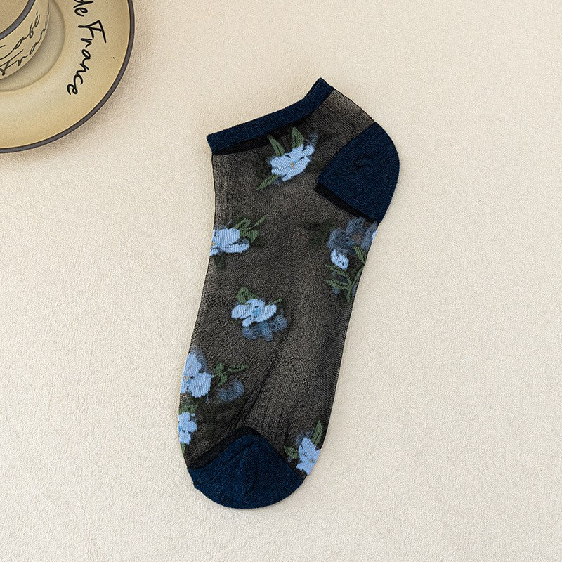 5pairs Spring And Summer New Arrivals Women's Flower Boat Socks Breathable Glass Fiber Boat Socks