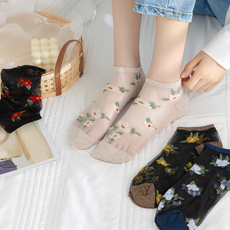 5pairs Spring And Summer New Arrivals Women's Flower Boat Socks Breathable Glass Fiber Boat Socks