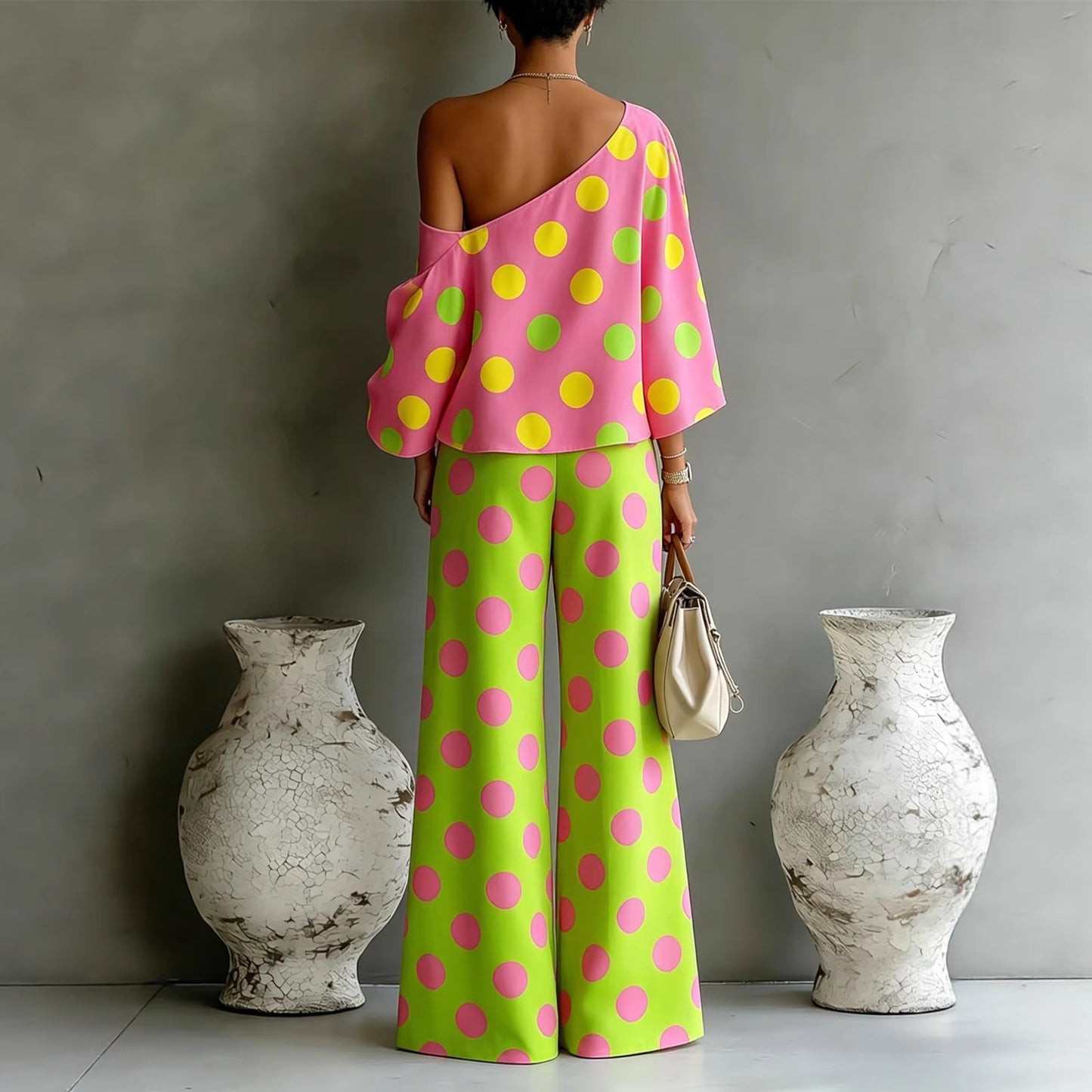 Womens Colorful Polka-Dot Off-Shoulder Flowy Two-Piece Pants Set