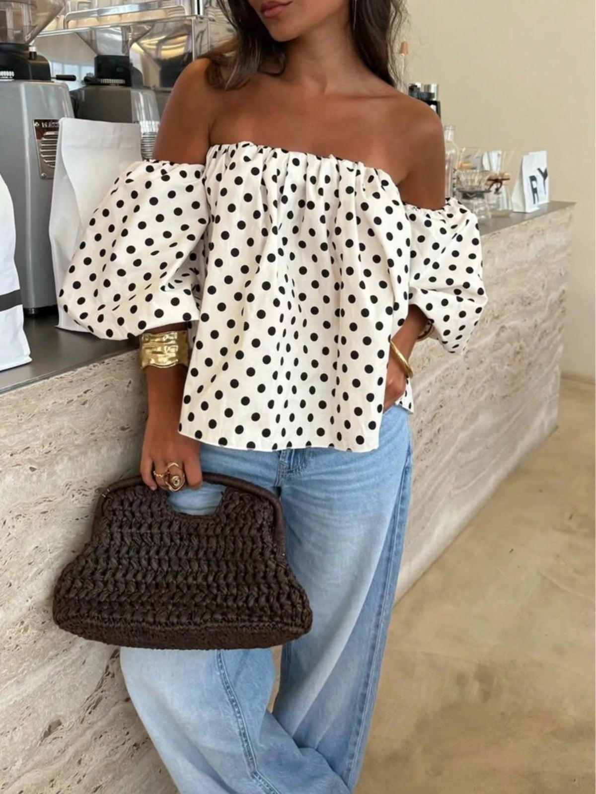 Off-shoulder Lantern-sleeve Short Top For Women