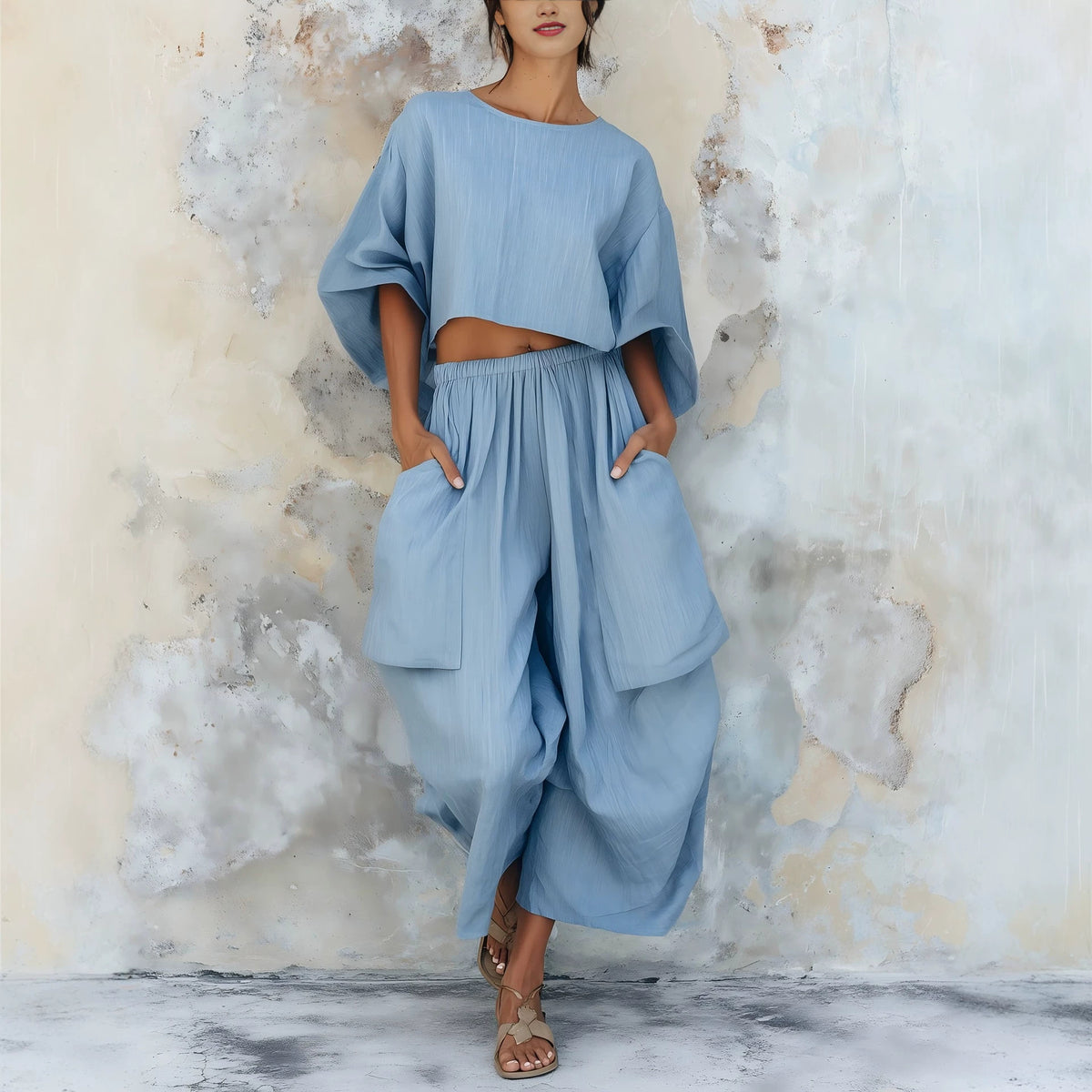 Elastic-waist Batwing-sleeve Casual Plus-size Set