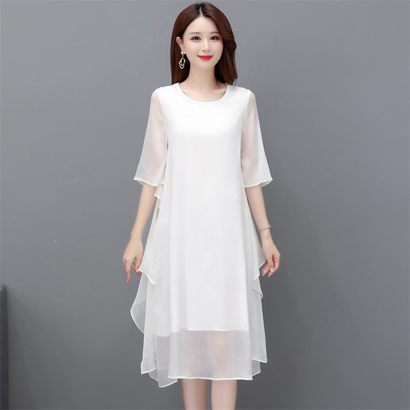 Womens Solid-color Chiffon Ruffled Flounce Dress