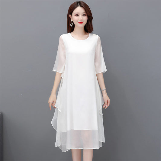 Womens Solid-color Chiffon Ruffled Flounce Dress