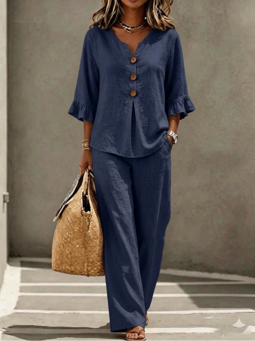 Womens V-neck Ruffle Three-Quarter Sleeve Top And Pants Two-Piece Set