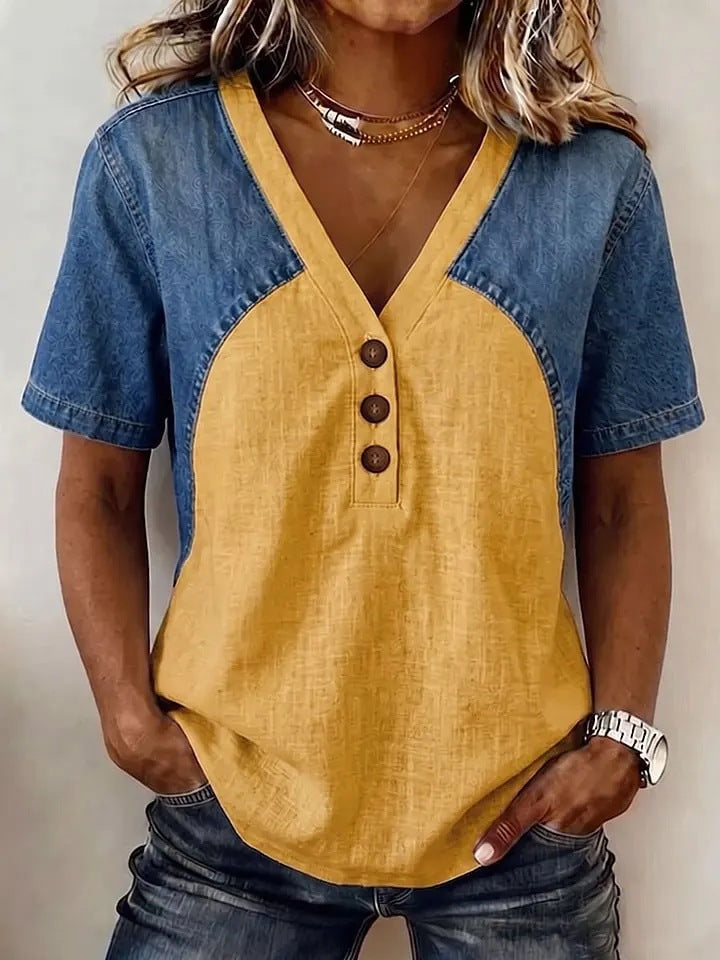 Fashionable Trendy Womens Loose Denim Patchwork T-Shirt