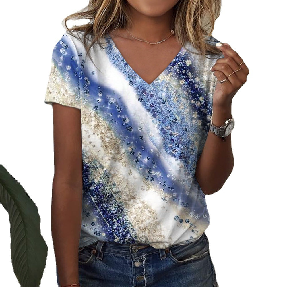 Printed V-neck Casual Short-sleeve T-shirt