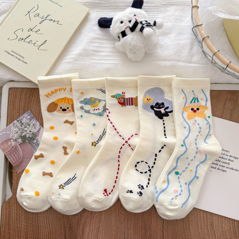 Kawaii Cartoon Animal Crew Socks, Cute Dog, Cat & Star Print Mid-Calf Socks, Women's Sweet Cream White Casual Socks For Everyday & Sneakers