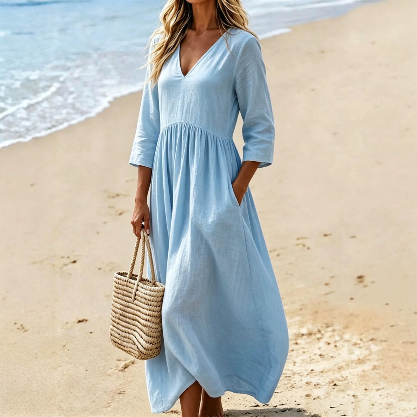 V-neck Three-quarter Sleeve Womens Resort Maxi Dress