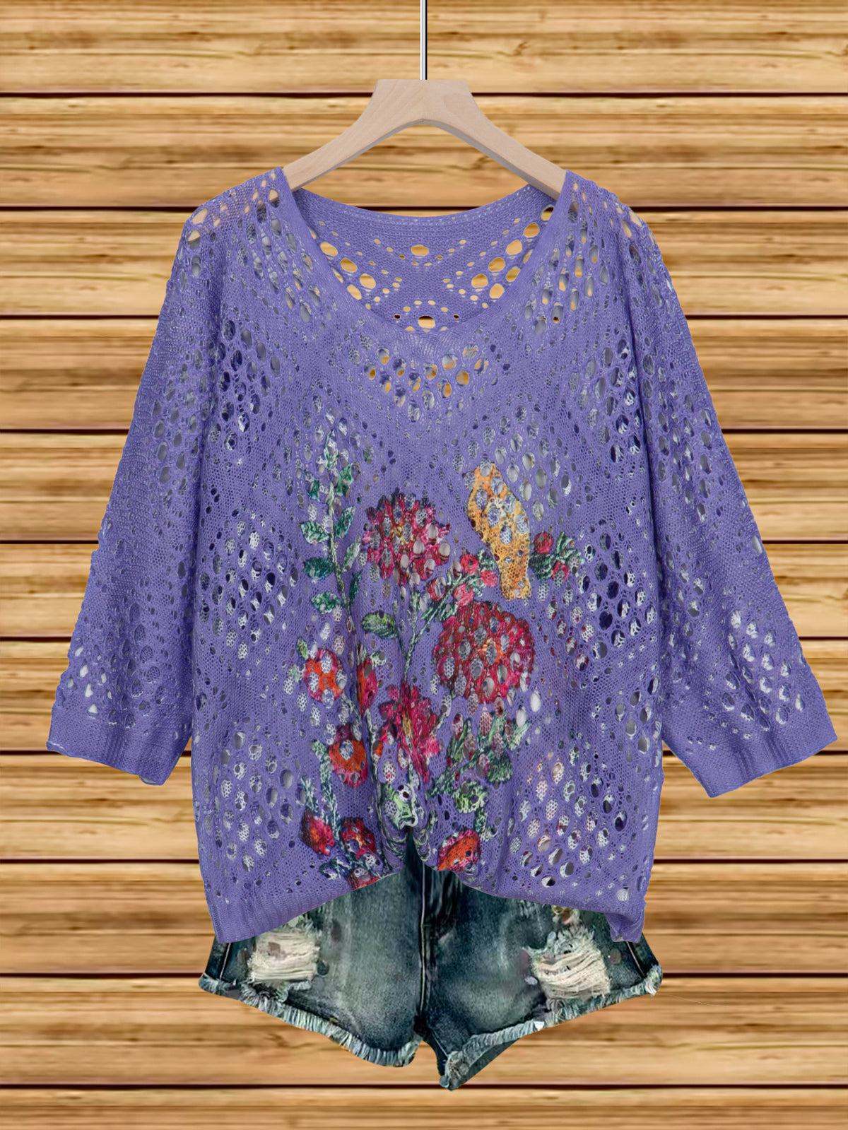 Womens Hollowed-Out Batwing-Sleeve Sweater With 3D Knitted Print