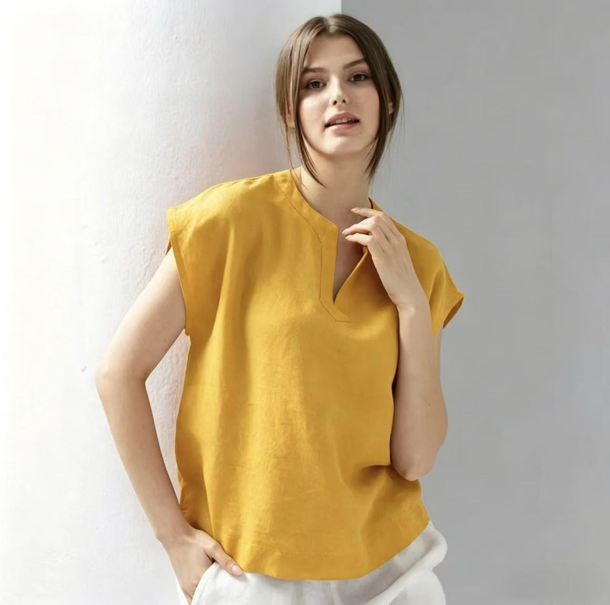 Casual V-neck Linen Short-sleeve Top