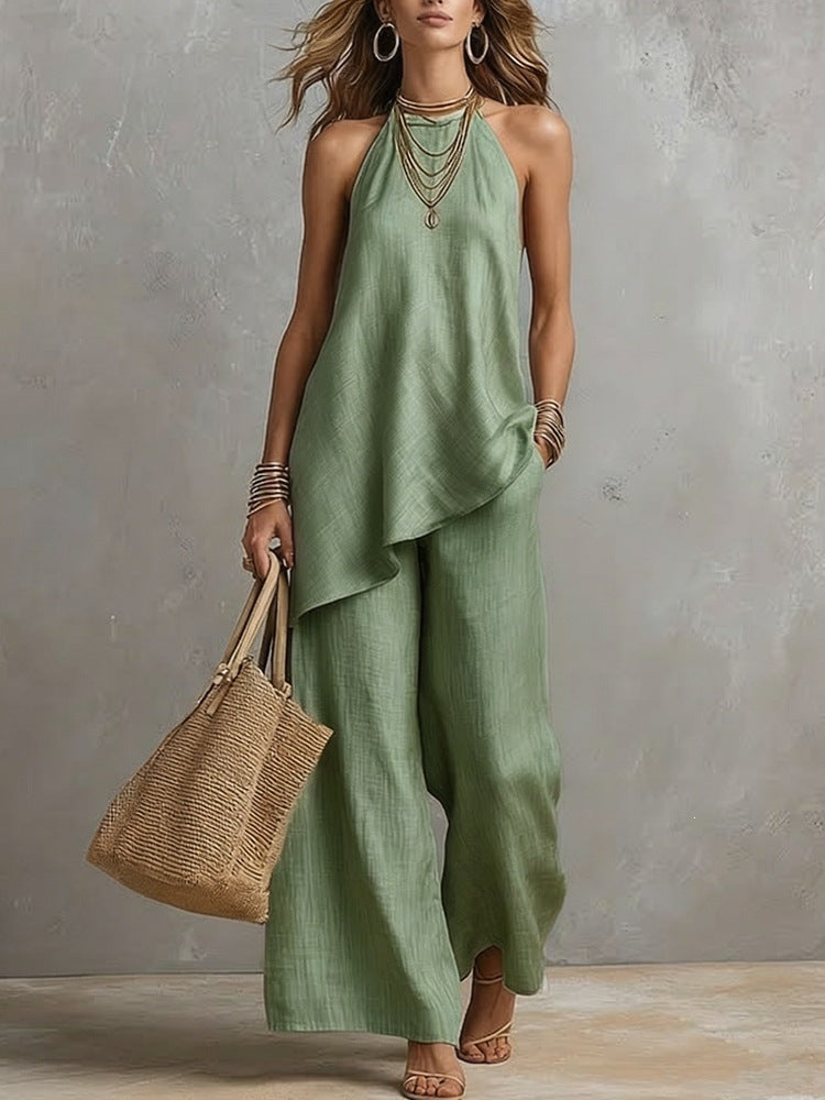 Womens Casual Crew-Neck Vest And Long Pants Set