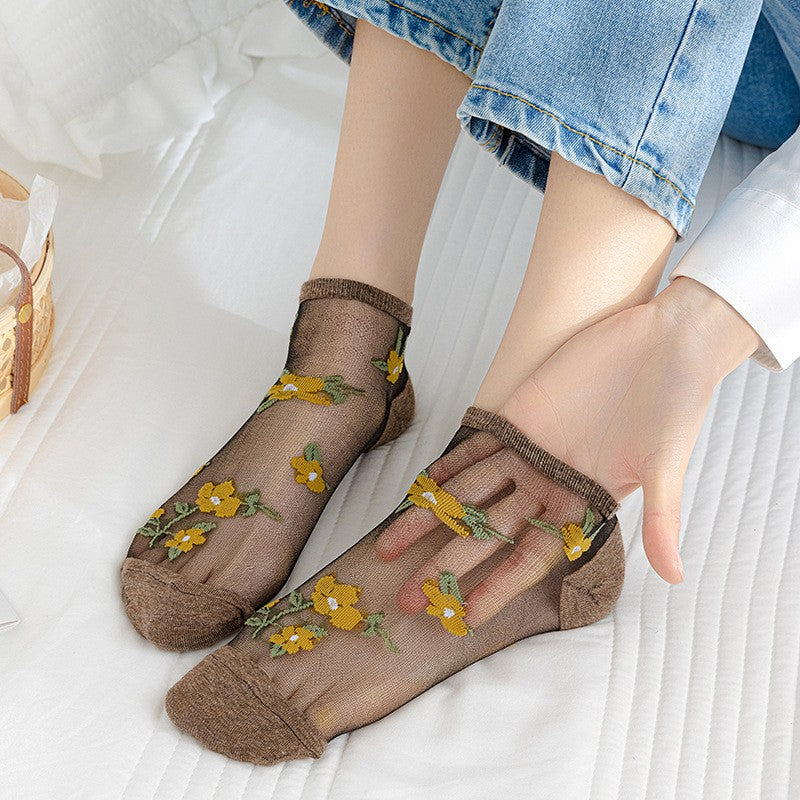 5pairs Spring And Summer New Arrivals Women's Flower Boat Socks Breathable Glass Fiber Boat Socks