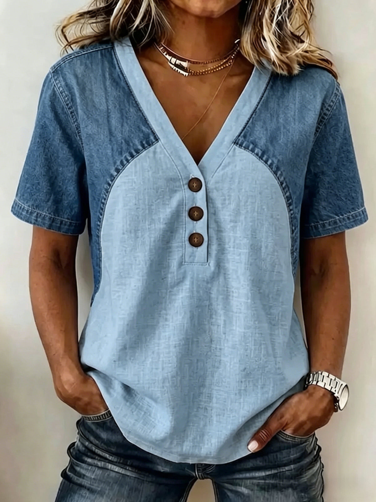 Fashionable Trendy Womens Loose Denim Patchwork T-Shirt