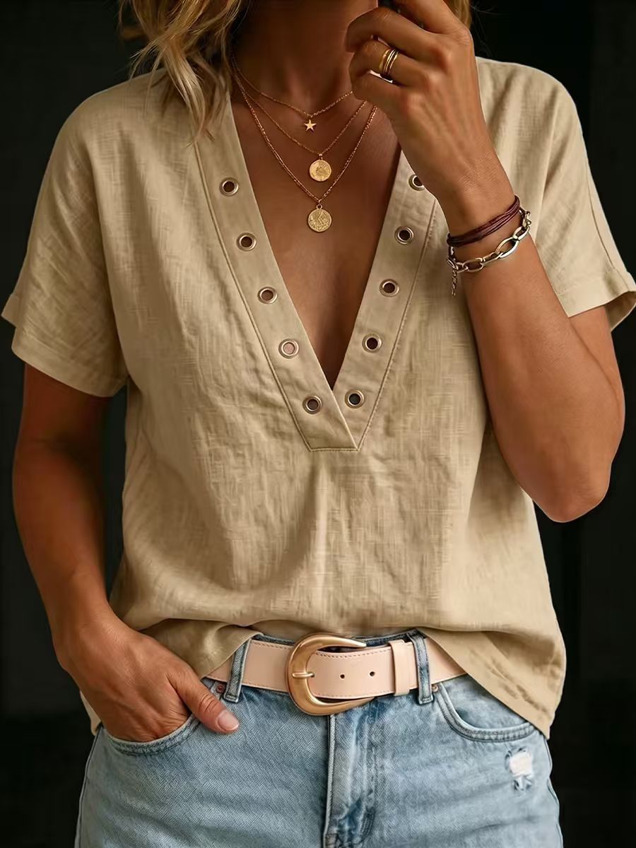 Loose-fitting Casual V-neck Short-sleeve Solid-color Womens Shirt