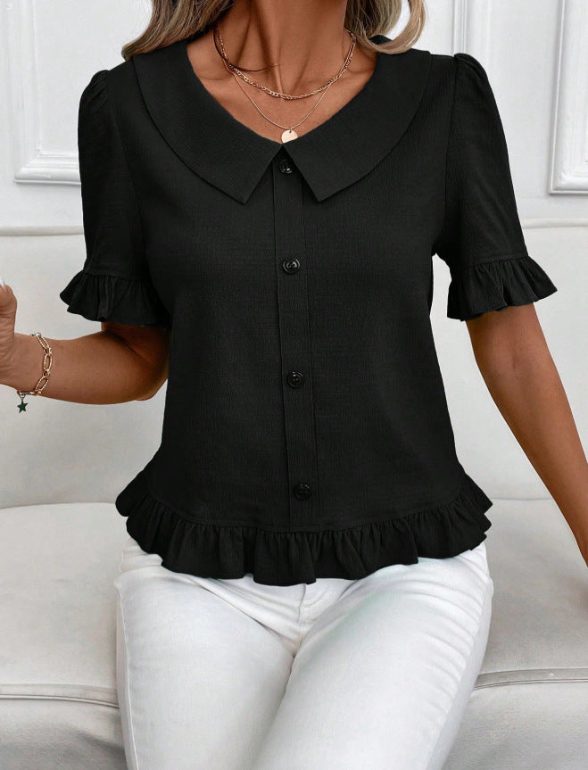 Women's Front-Button Petal-Sleeve Short-Sleeve Summer Fashion