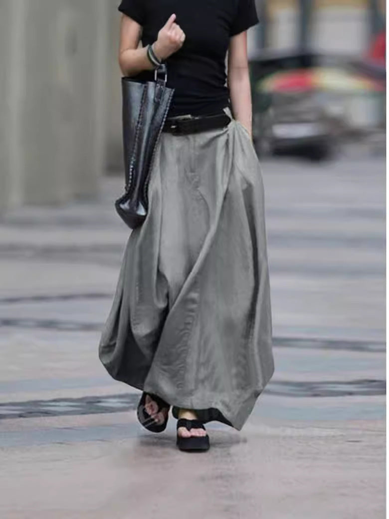 Womens Solid-color High-waisted Long Skirt