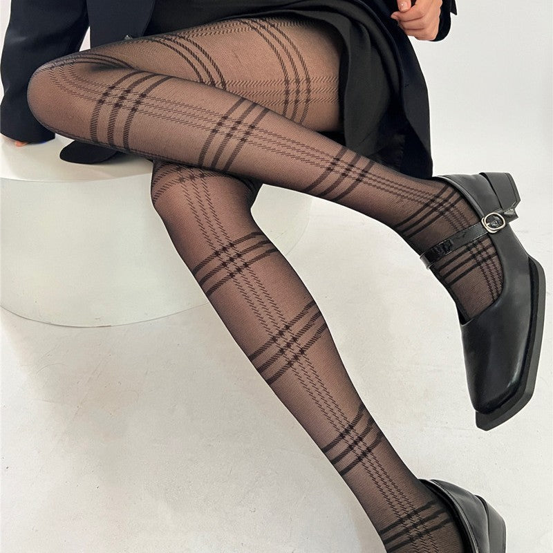 Black Square Grid Jacquard Silk Socks Women's Spring Autumn Thin Pantyhose Base Socks
