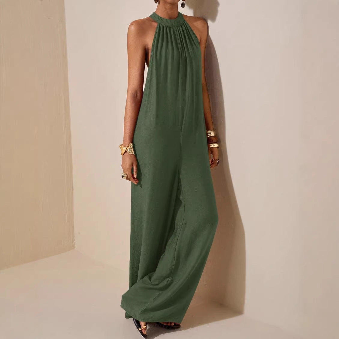High-neck Halter Solid-color Wide-leg Jumpsuit