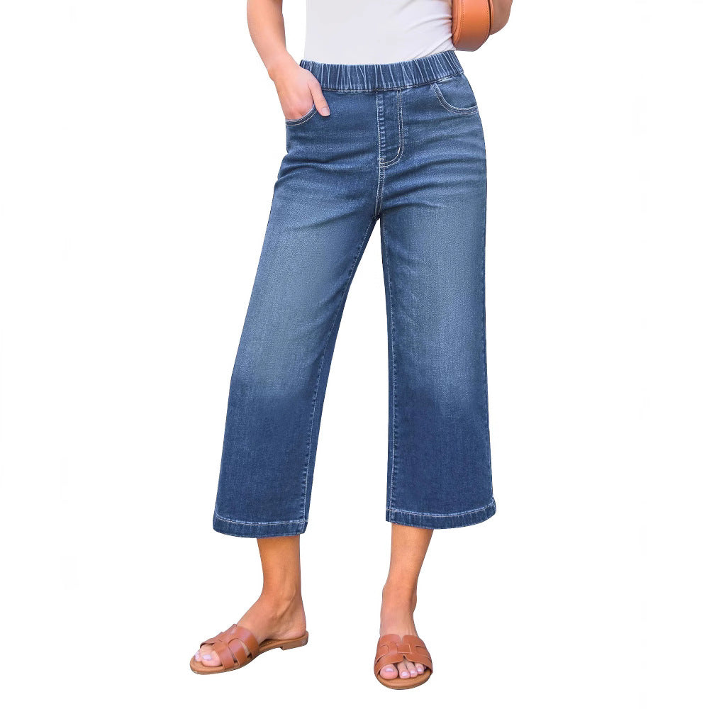 Fashionable Womens High-Waisted Straight-Leg Denim Pants