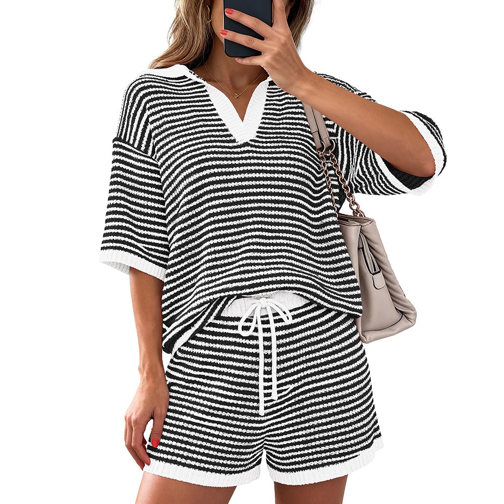 Casual Striped Short-sleeve Sweater And Pants Set