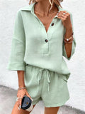 Notch-lapel Short-sleeve Belted Shorts Casual Set