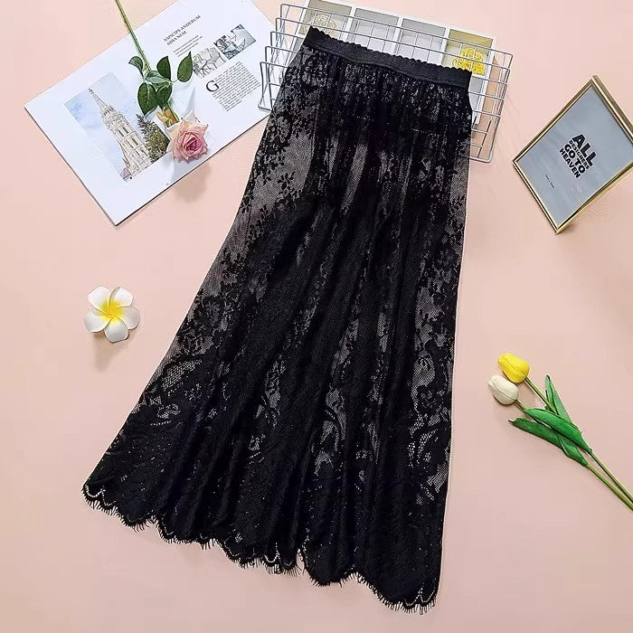Mesh Base-layer Lace Midi Skirt For Women